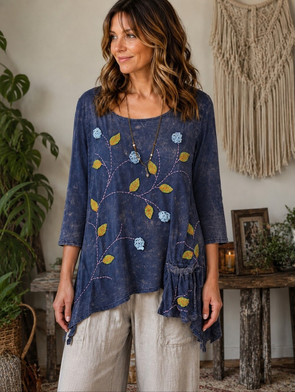 Women’s Navy Blue Floral Embroidered Tunic Top